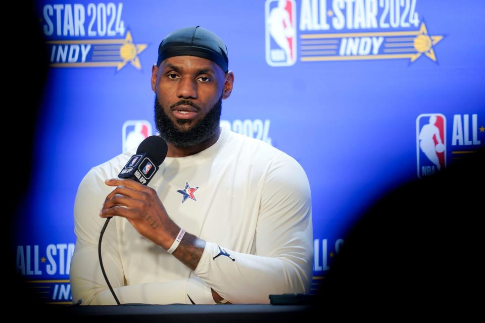 LeBron James talks to the media before the 73rd NBA All Star Game at Gainbridge Fieldhouse.