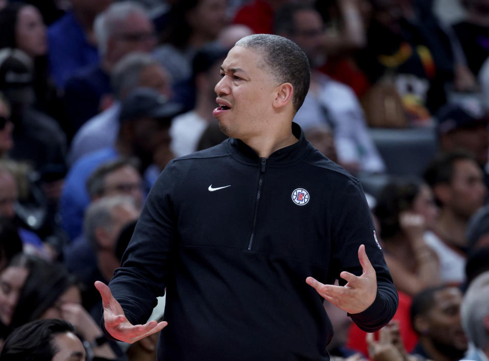 LOS ANGELES, CALIFORNIA - APRIL 10: Head coach Tyronn Lue of the LA Clippers reacts during a 124-108 loss to the Phoenix Suns at Crypto.com Arena on April 10, 2024 in Los Angeles, California. User is consenting to the terms and conditions of the Getty Images License Agreement.  (Photo by Harry How/Getty Images)