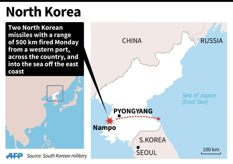 Map of North Korea locating Nampo, where two missiles were fired into the sea on March 2, 2015