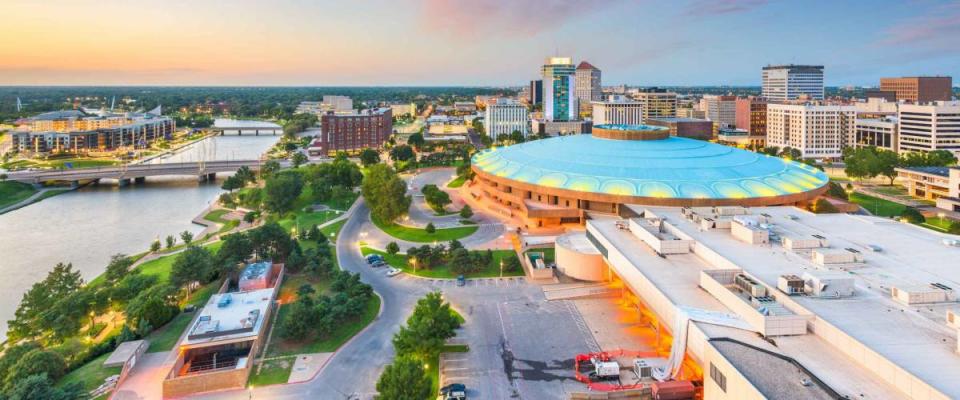 Wichita, Kansas, USA downtown city skyline at dusk.