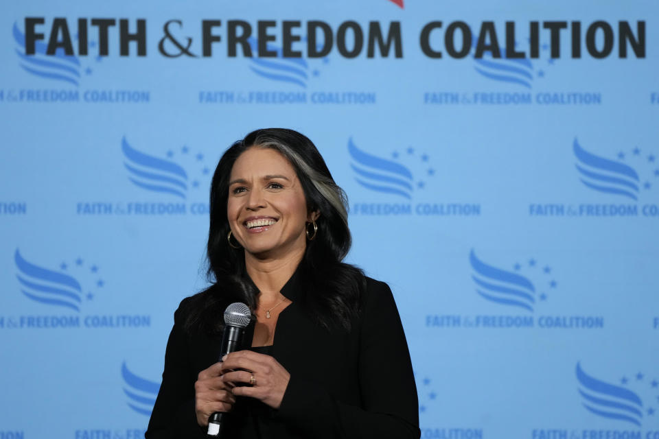 Former Hawaii Rep. Tulsi Gabbard speaks during the Iowa Faith and Freedom Coalition Spring Kick-Off Saturday, April 22, 2023, in Clive, Iowa. (AP Photo/Charlie Neibergall)