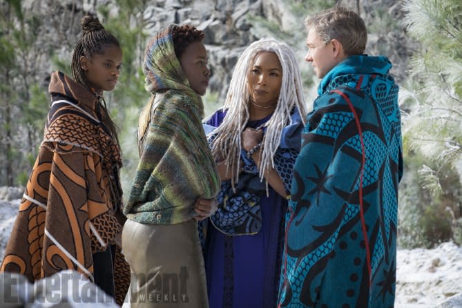 L to R: Shuri (Letitia Wright), Nakia (Lupita Nyong'o), Ramonda (Angela Bassett) and Everett K. Ross (Martin Freeman) (Credit: Entertainment Weekly, Matt Kennedy/©Marvel Studios 2018)