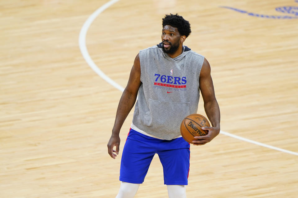 Philadelphia 76ers' Joel Embiid practices before Game 5 in a first-round NBA basketball playoff series against the Washington Wizards, Wednesday, June 2, 2021, in Philadelphia. (AP Photo/Matt Slocum)