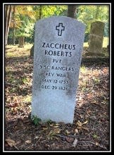 Zaccheus Roberts’ tombstone at Merrywater Homepark Cemetery (Roberts Cemetery).