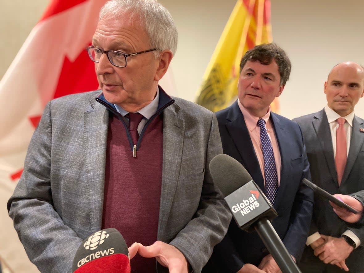 Premier Blaine Higgs met with federal Intergovernmental Affairs Minister Dominic LeBlanc and Health Minister Jean-Yves Duclos Wednesday in Saint John. All three politicians say they are aligned on funding. (Jacques Poitras/CBC - image credit)