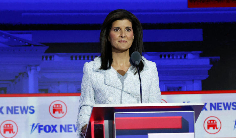 Nikki Haley takes part in the first Republican presidential primary debate at the Fiserv Forum in Milwaukee, Wisconsin, on Aug. 23, 2023. / Credit: KAMIL KRZACZYNSKI/AFP via Getty Images