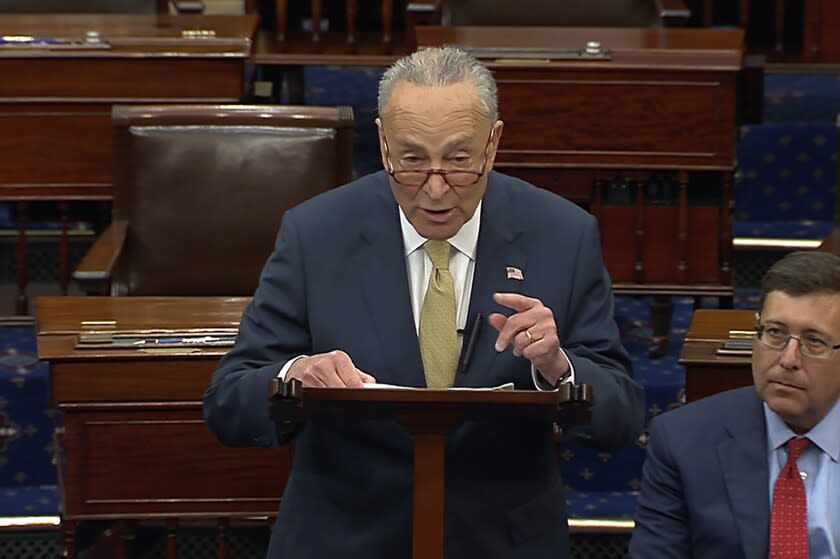 In this image from Senate Television, Senate Majority Leader Chuck Schumer of New York, speak on the Senate floor, Wednesday, May 25, 2022 at the Capitol in Washington. Schumer has quickly set in motion a pair of firearms background check bills in response to the school massacre in Texas. But the Democrat acknowledged Wednesday the refusal for years of Congress to pass any legislation aiming to curb a national epidemic of gun violence. (Senate Television via AP)