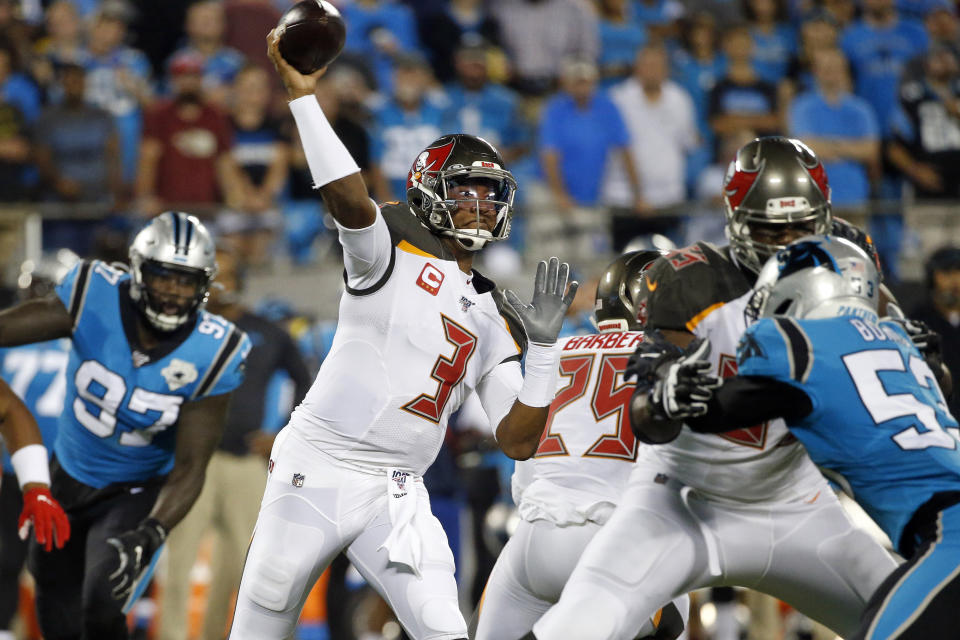 Tampa Bay Buccaneers quarterback Jameis Winston (3) passes during the first half of an NFL football game against the Carolina Panthers in Charlotte, N.C., Thursday, Sept. 12, 2019. (AP Photo/Brian Blanco)