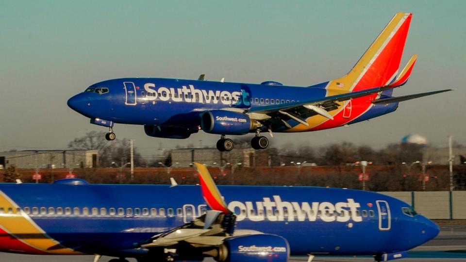 PHOTO: A Southwest Airlines plane prepares to land at Midway International Airport, Feb. 12, 2023, in Chicago.  (Kiichiro Sato/AP, FILE)