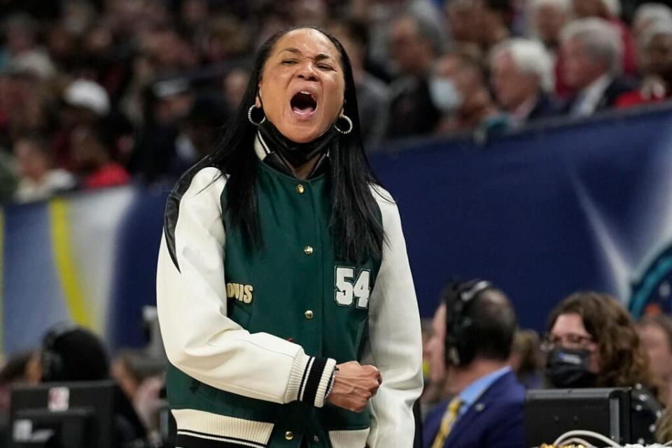 South Carolina head coach Dawn Staley reacts during the first half of a college basketball game in the final round of the Women’s Final Four NCAA college basketball tournament Sunday, April 3, 2022, in Minneapolis. (AP Photo/Eric Gay, File)