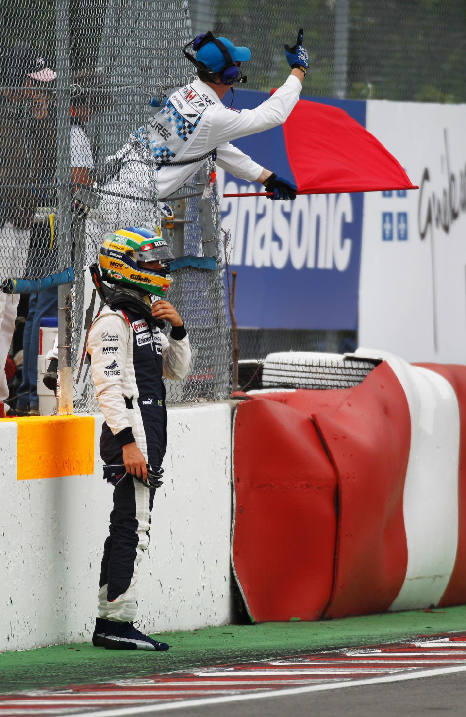 MONTREAL, CANADA - JUNE 08: Bruno Senna of Brazil and Williams crashes at the last corner during practice for the Canadian Formula One Grand Prix at the Circuit Gilles Villeneuve on June 8, 2012 in Montreal, Canada. (Photo by Paul Gilham/Getty Images)