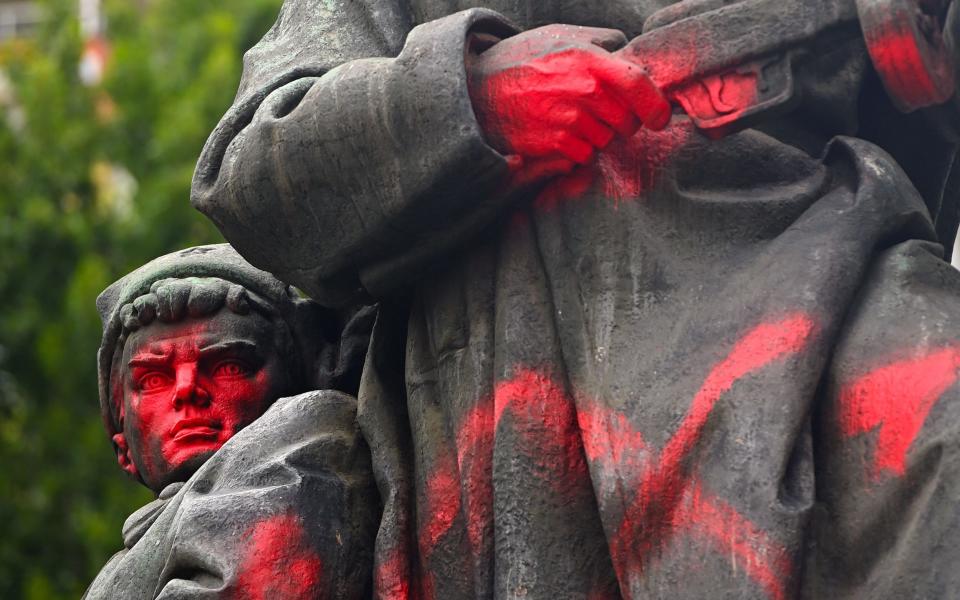 Red paint is seen over the Monument to the Soviet Soldier, an ossuary containing the remains of those who died in the Second World War, in Sofia, Bulgaria - VASSIL DONEV/EPA-EFE/Shutterstock/Shutterstock