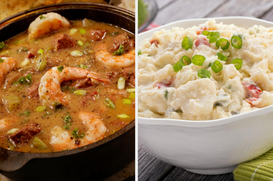 bowl of gumbo and bowl of potato salad