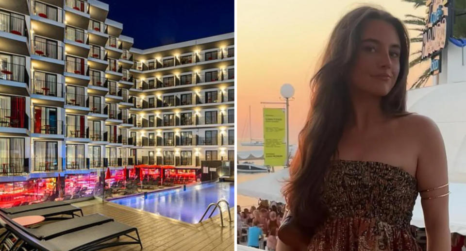 Left, the Hotel Vibra District in Ibiza. Right, Emma Ramsay who died after she fell from a sixth-floor balcony at the hotel.