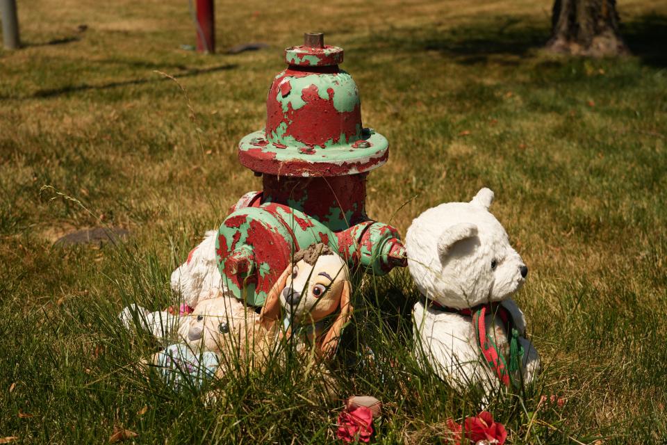 Teddy bears are displayed in memory of someone who passed away from gun violence Monday, June 27, 2022, in Indianapolis. The memorial is outside of Terry Allen, 53, neighborhood.