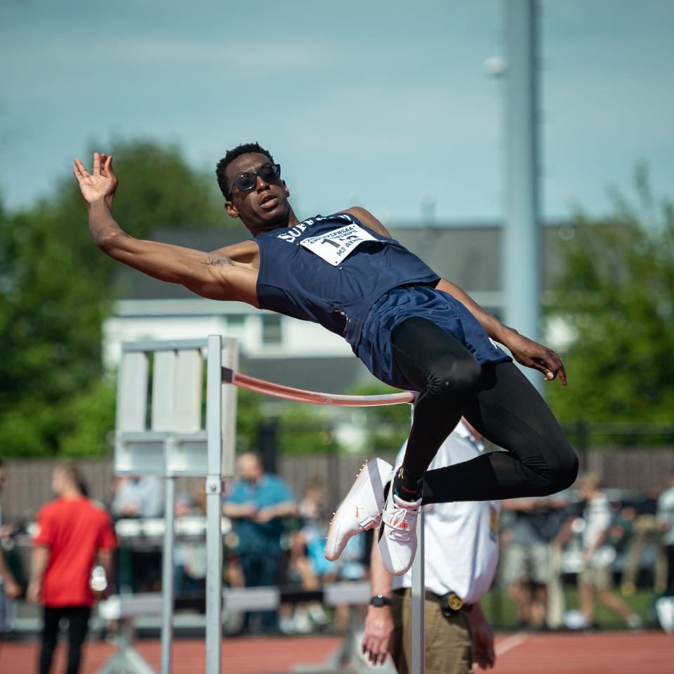 Suffern's Matthew Oluwole competes in the boys high jump during the 2022 NYSPHSAA Outdoor Track and Field Championships in Syracuse on Saturday, June 11, 2022. He finished seventh, clearing 6-2.