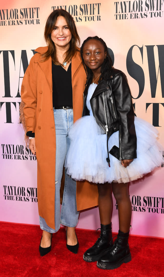 US actress Mariska Hargitay (L) and daughter Amaya Hermann arrive for the “Taylor Swift: The Eras Tour” concert movie world premiere at AMC The Grove in Los Angeles, California on October 11, 2023. <em>Photo by VALERIE MACON/AFP via Getty Images.</em>