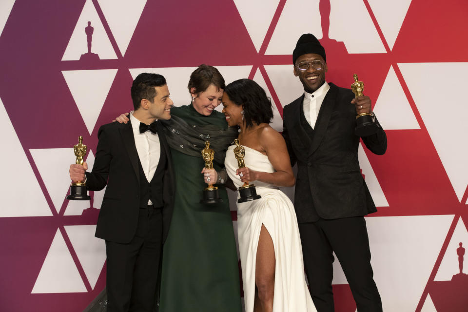 Actors Rami Malek, Olivia Colman, Regina King and Mahershala Ali backstage at the Oscars on Feb. 24, 2019. (Photo: Rick Rowell via Getty Images)