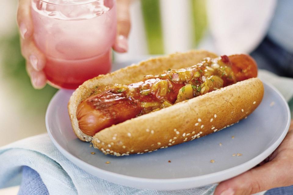 Grilled Hot Dogs with Mango Chutney and Red Onion Relish