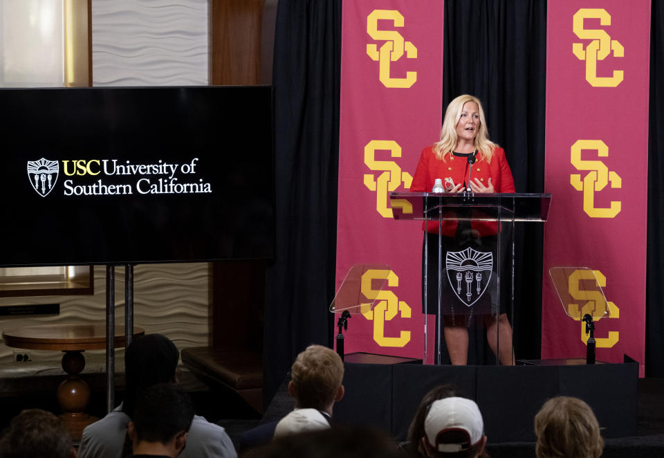 Jennifer Cohen talks during a news conference after her introduction as athletic director at the University of Southern California in Los Angeles, Monday, Aug. 21, 2023. (AP Photo/Richard Vogel)