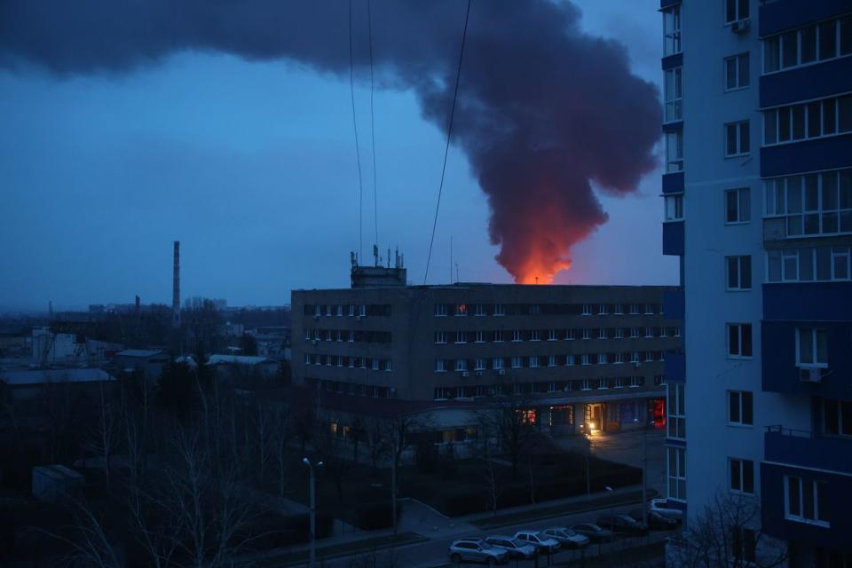 Smoke rises above Kharkiv's Slobidskyi district following a Russian missile strike on the city's energy facilities in Kharkiv, Ukraine on March 22, 2024. (Suspilne Ukraine/JSC "UA:PBC"/Global Images Ukraine via Getty Images)