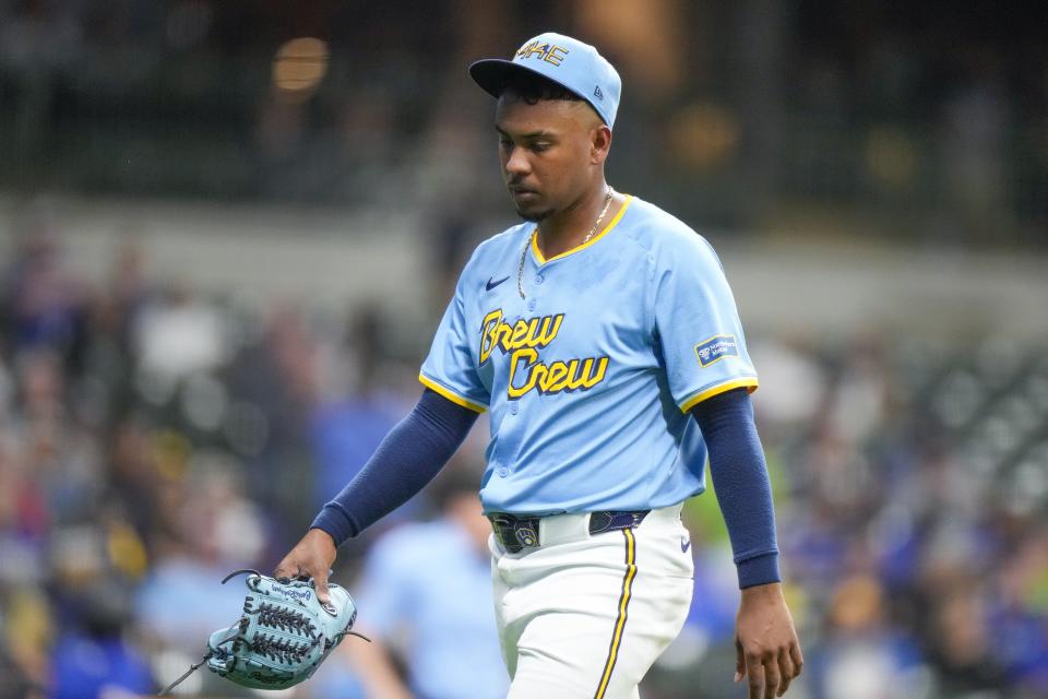 Milwaukee Brewers starter Carlos Rodriguez leaves the game during the fourth inning of a baseball game against the Toronto Blue Jays Tuesday, June 11, 2024, in Milwaukee. (AP Photo/Morry Gash)