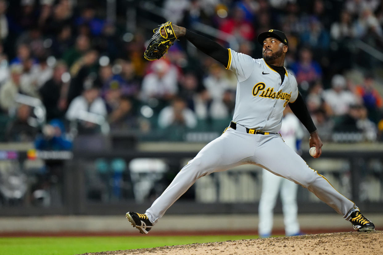 NEW YORK, NY - APRIL 15: Aroldis Chapman #45 of the Pittsburgh Pirates pitches during the game between the Pittsburgh Pirates and the New York Mets at Citi Field on Monday, April 15, 2024 in New York, New York. (Photo by Daniel Shirey/MLB Photos via Getty Images)