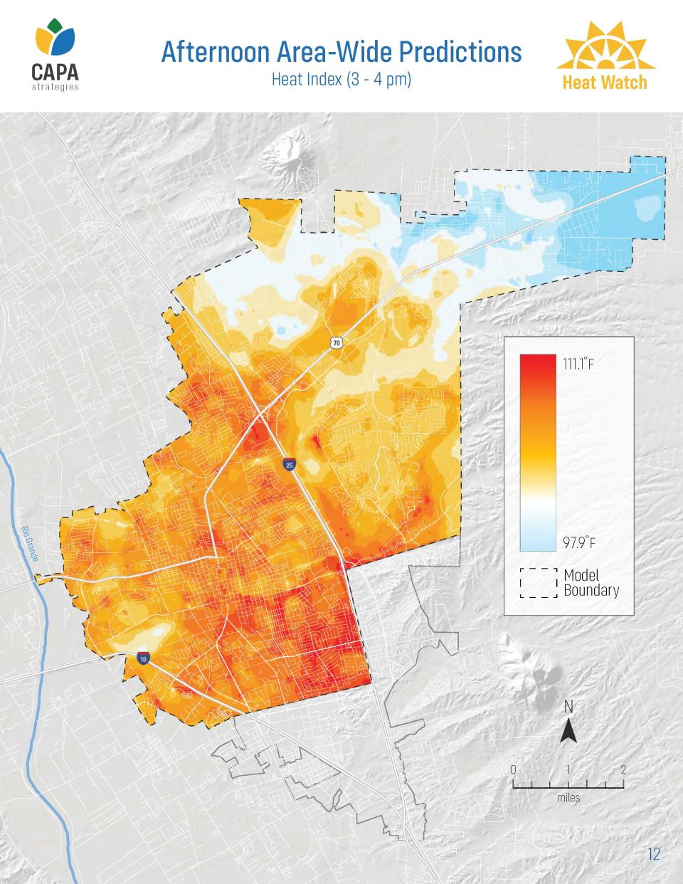 A map of Las Cruces showing the Afternoon temps. The data was collected in 2020.