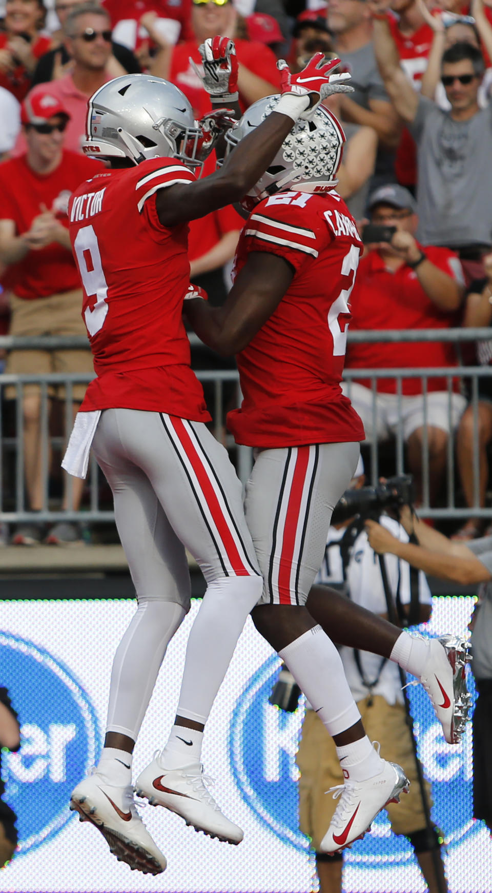 Ohio State receiver Parris Campbell, right, celebrates his touchdown against Indiana with Binjimen Victor during the first half of an NCAA college football game Saturday, Oct. 6, 2018, in Columbus, Ohio. (AP Photo/Jay LaPrete)