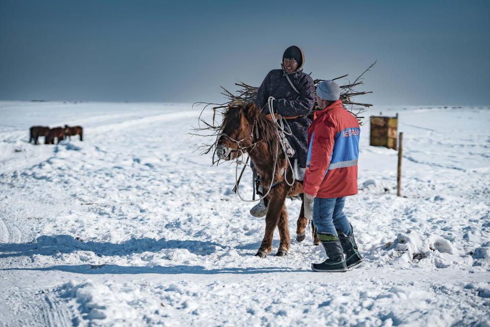 In this photo released by Mongolian Red Cross Society, a Mongolian herdsman prepares wood to provide heating for the family ger past near a member of the Mongolian Red Cross Society in Ulaangom Soum, Uvs province of Mongolia, on March 1, 2024. An extreme weather phenomenon known as the dzud has killed more than 7.1 million animals in Mongolia this year, more than a tenth of the country’s entire livestock holdings, threatening herders’ livelihoods and way of life. (Mongolian Red Cross Society via AP)