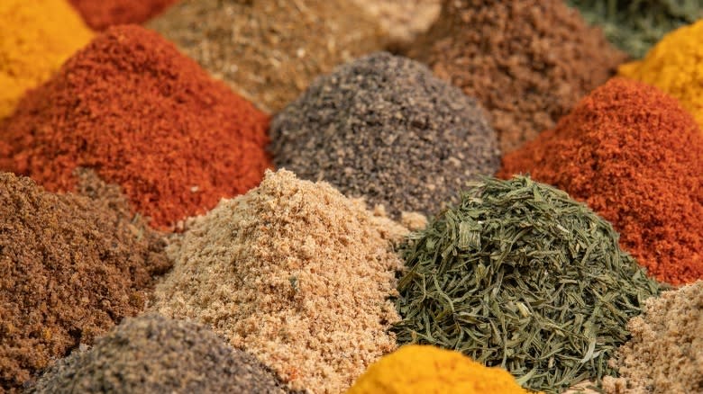 spices spread out in piles