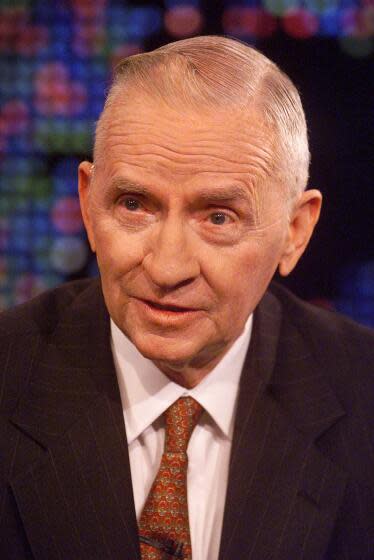 Ross Perot endorses Republican Presidential candidate George W. Bush during an appearance on CNN's "Larry King Live" show on CNN Thursday, Nov. 2, 2000 in New York. Reform Party founder Ross Perot endorsed George W. Bush for president eight years after his own White House bid helped turn Bush's father out of office. (AP Photo/Mark Lennihan) Original Filename: PEROT.JPG