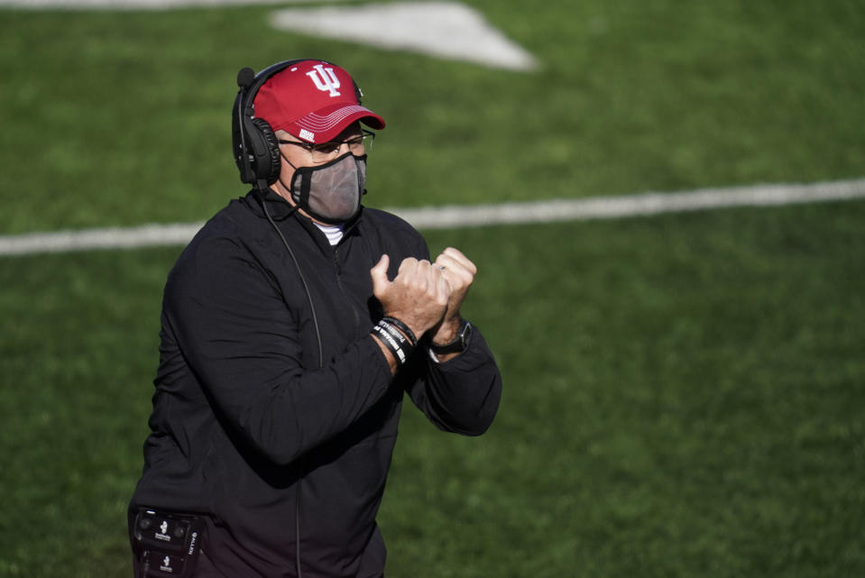 Indiana head coach Tom Allen watches during the second half of an NCAA college football game against Maryland, Saturday, Nov. 28, 2020, in Bloomington, Ind. Indiana won 27-11. (AP Photo/Darron Cummings)