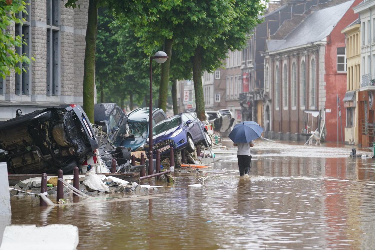 Illustration shows  the flooded streets in Verviers after heavy rainfall, Thursday 15 July 2021. The provincial disaster plan has been declared in Liege, Luxembourg and Namur provinces after large amounts of rainfall. Water in several rivers has reached alarming levels.
BELGA PHOTO ANTHONY DEHEZ (Photo by ANTHONY DEHEZ/BELGA MAG/AFP via Getty Images)