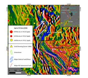 Figure 1. Location of Pringle South and the northern part of Solstice’s RLX project. Base map is OGS 1VD total field magnetics, Solstice SkyTEM 1VD magnetics over RLX project area. Agnico Eagle till data from filed assessment work excludes one outlier sample identified in the original report. Gold showings from Ontario filed assessment reports by Dome Exploration (1980).