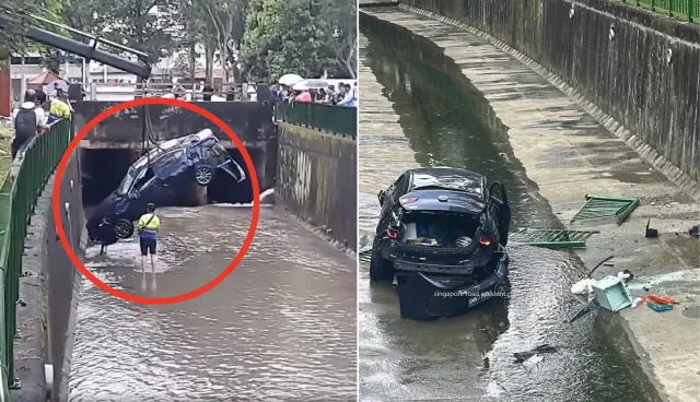 Screen grab of skidded car from video (left) and photo of car in Bukit Batok canal