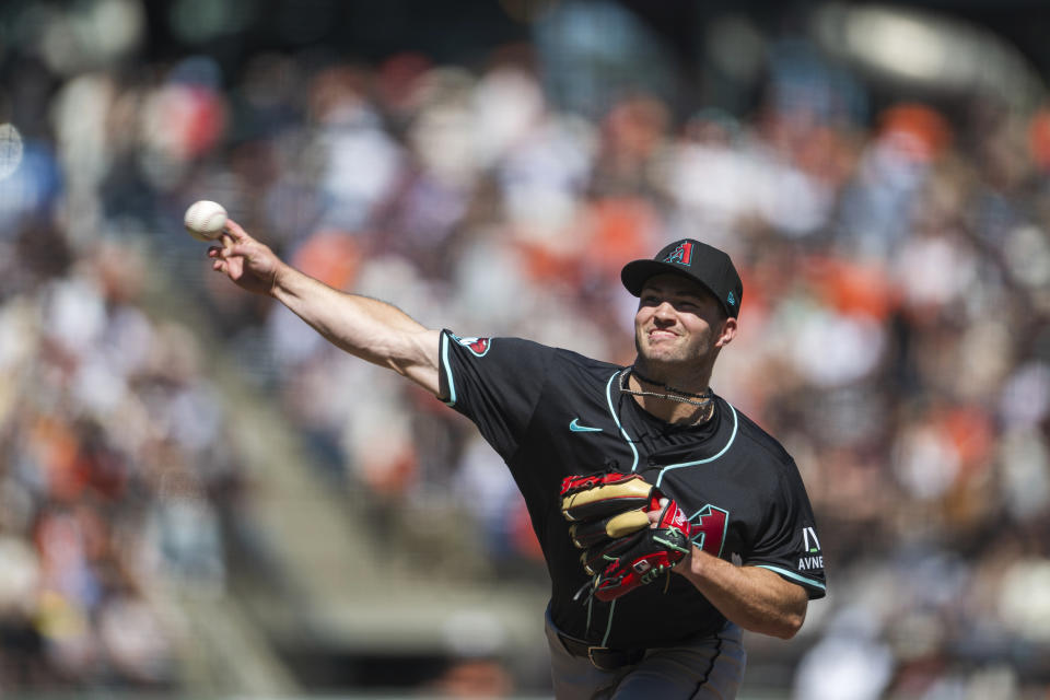 Arizona Diamondbacks relief pitcher Bryce Jarvis throws during the seventh inning of a baseball game against the San Francisco Giants, Saturday, April 20, 2024, in San Francisco. (AP Photo/Nic Coury)