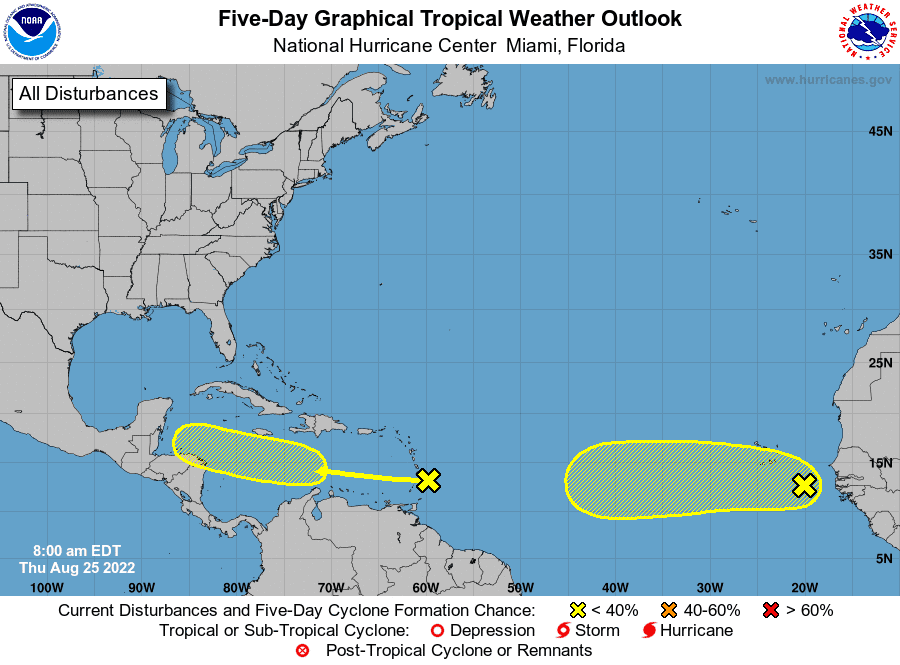 National Hurricane Center tracking two tropical waves 8 a.m. Aug. 25, 2022.