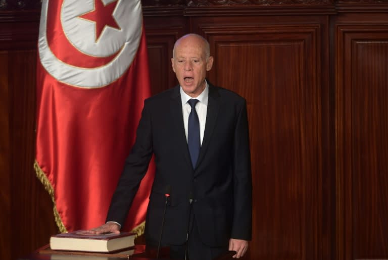 Tunisia's new President Kais Saied, an academic nicknamed "Robocop" for his rigid and austere manner, takes the oath of office after his upstart election victory earlier this month