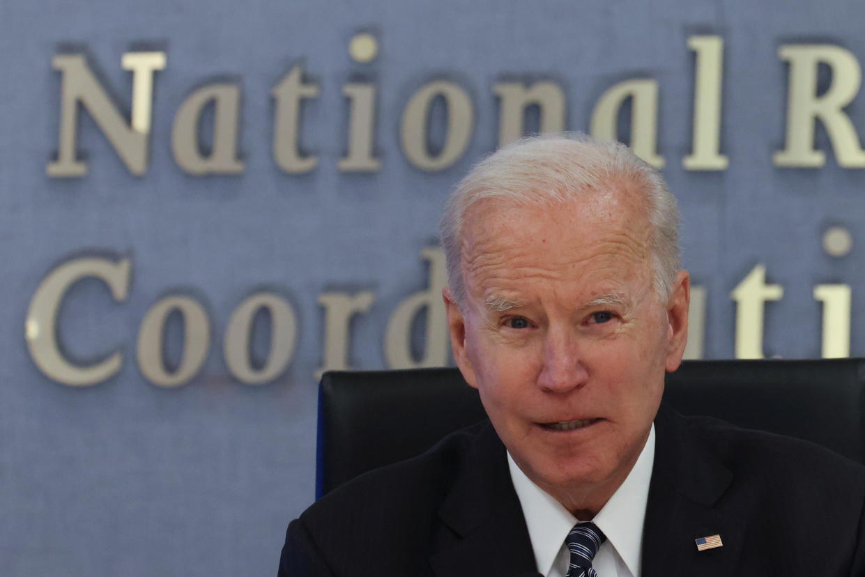 U.S. President Joe Biden speaks visits Federal Emergency Management Agency (FEMA) headquarters to receive a briefing on the Atlantic hurricane season, in Washington, U.S., May 24, 2021.  (Evelyn Hockstein/Reuters)