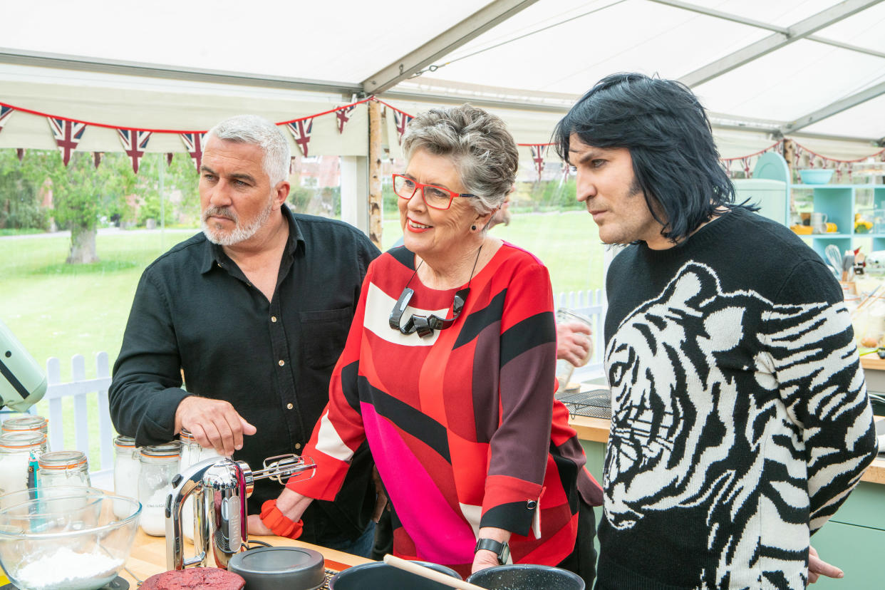 Paul Hollywood, Prue Leith and Noel Fielding on <em>Bake Off</em>. (BBC)