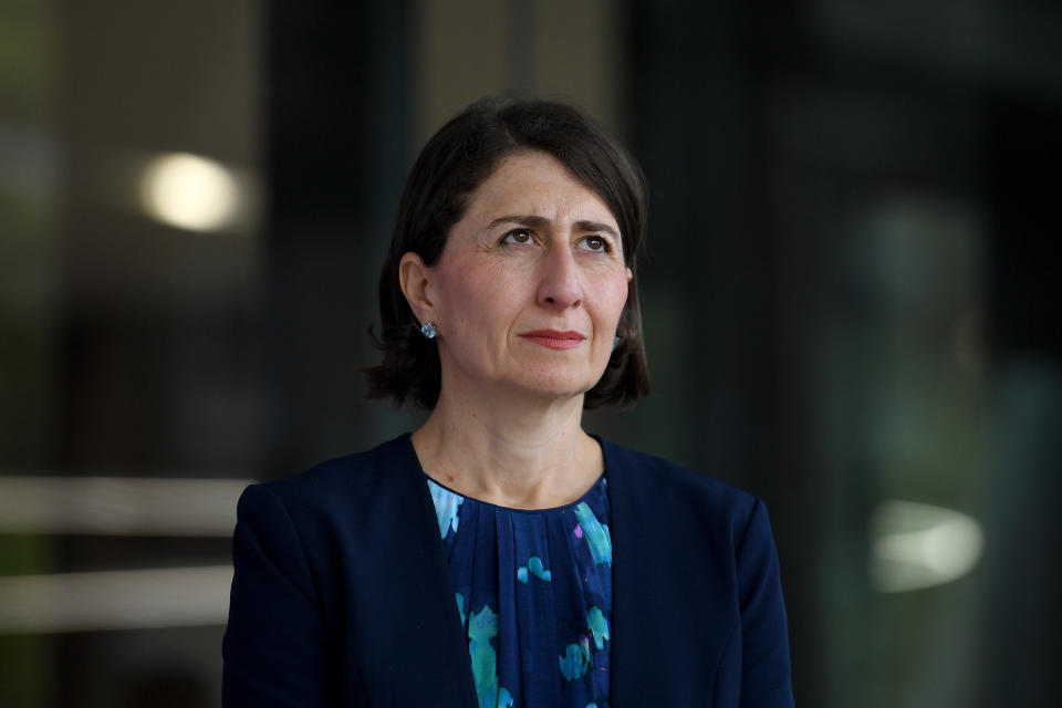 NSW Premier Gladys Berejiklian looks on during a Covid-19 update press conference at St Leonards, Sydney.