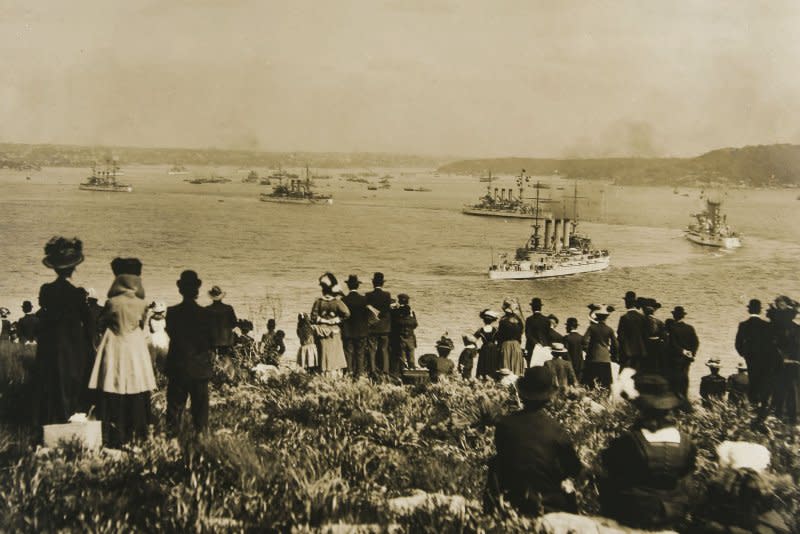 Spectators watch the arrival of the United States Navy's, "Great White Fleet," upon its arrival into Sydney Harbor in 1908. On October 13, 1775, the Continental Congress ordered construction of America's first naval fleet. File Photo courtesy Australian National Maritime Museum/UPI