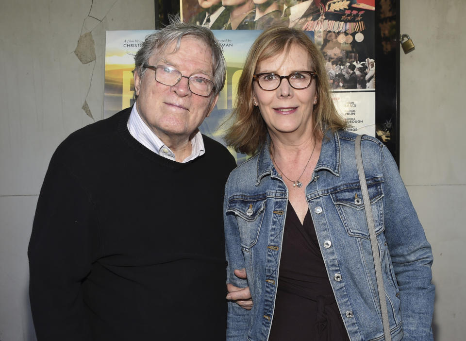 FILE - In this June 14, 2018 file photo, filmmakers D.A. Pennebaker, left, and Chris Hegedus attend a special screening of "Eating Animals" at the IFC Center in New York. Oscar-winning documentary maker D.A. Pennebaker has died at the age of 94. Frazer Pennebaker said in an email his father died Thursday, Aug. 1, 2019, at his Long Island home from natural causes. (Photo by Evan Agostini/Invision/AP, File)