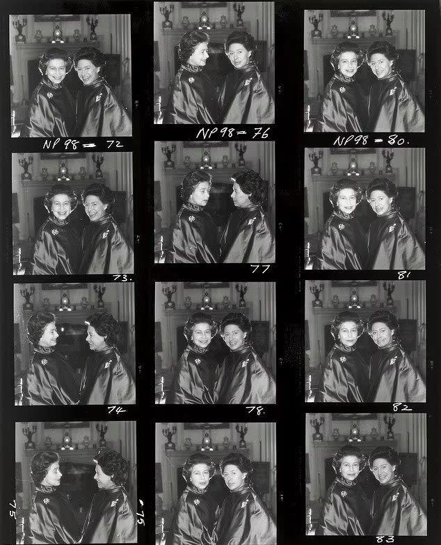 Elizabeth II and Princess Margaret during a sitting, on Norman Parkinson's contact sheet