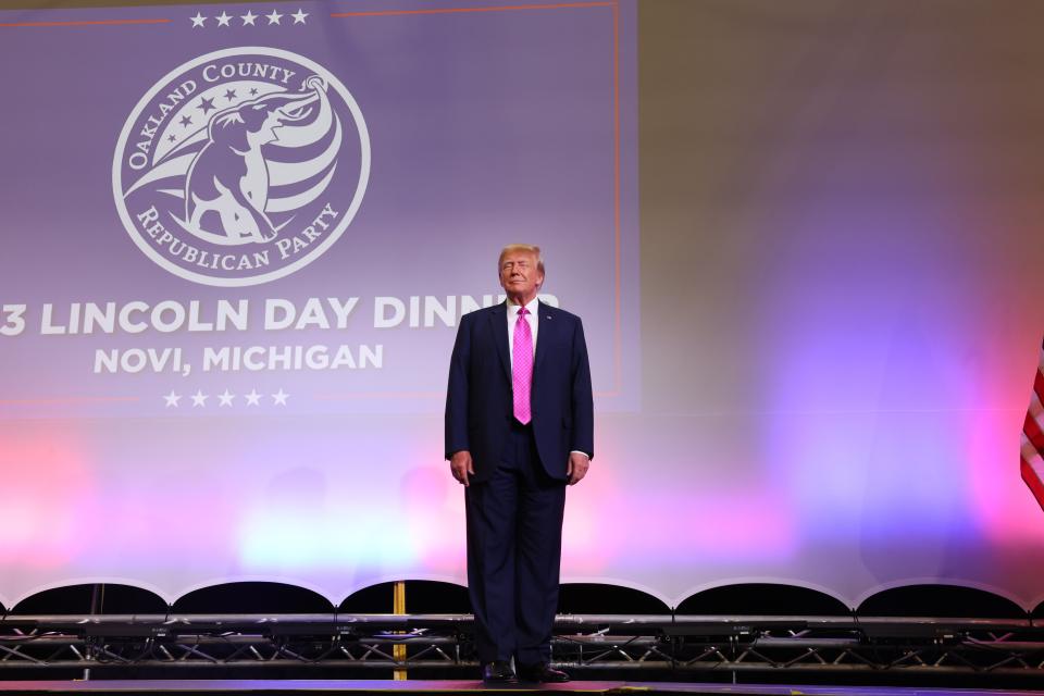 Former U.S. President Donald Trump is introduced at the Oakland County Republican Party's Lincoln Day dinner at Suburban Collection Showplace on June 25, 2023 in Novi, Michigan (Getty Images)