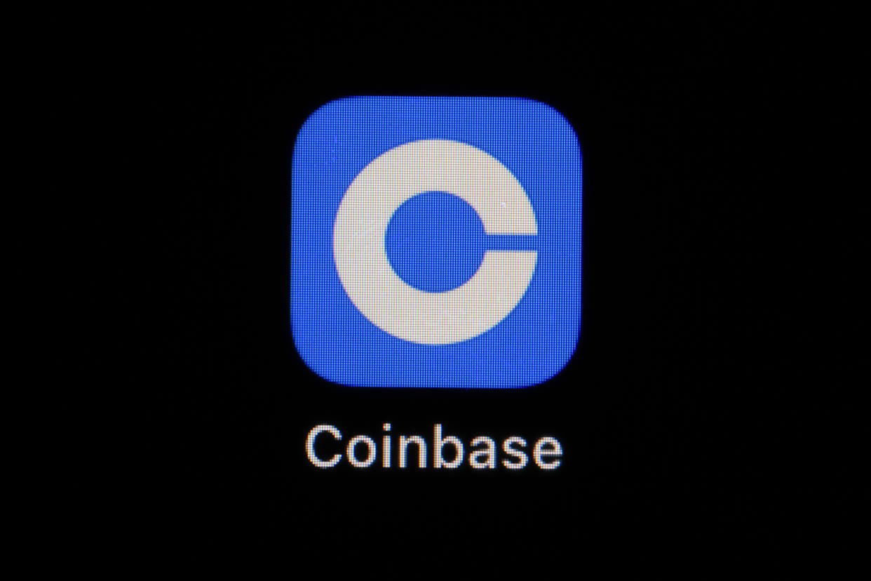 The Coinbase app icon is seen on a smartphone, Tuesday, Feb. 28, 2023, in Marple Township, Pa. (AP Photo/Matt Slocum)