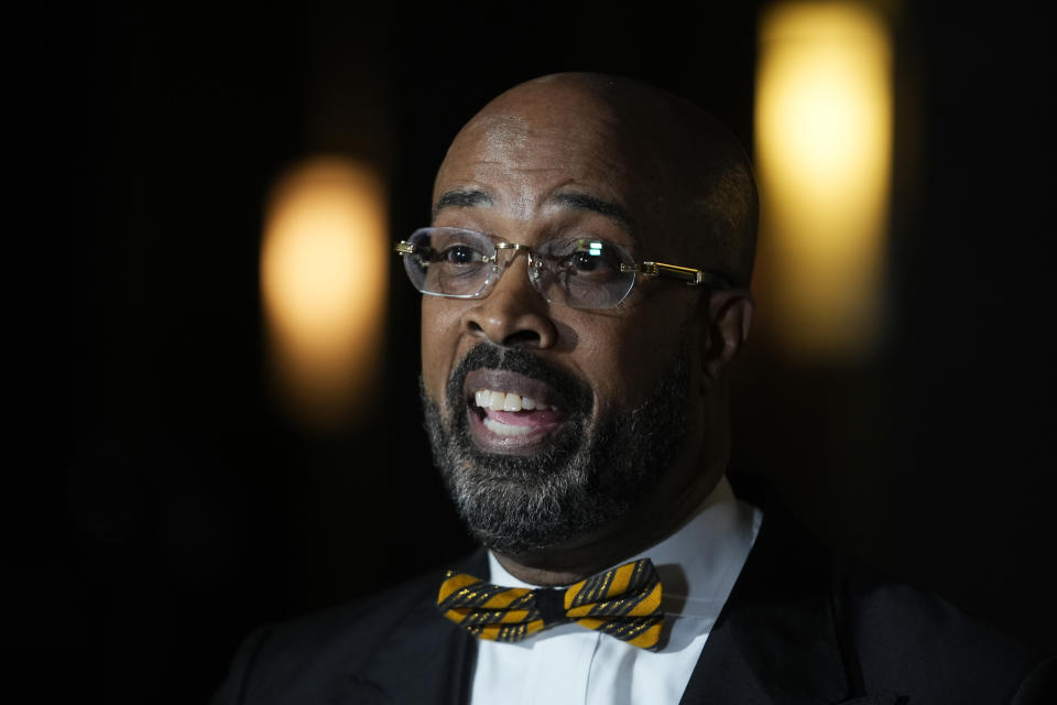 The Rev. Frederick D. Haynes III speaks to reporters in Dallas, Thursday, Feb. 1, 2024. The civil rights group founded by the Rev. Jesse Jackson in the 1970s is elevating a new leader for the first time in more than 50 years, choosing Haynes as his successor to take over the Rainbow PUSH Coalition. (AP Photo/LM Otero)