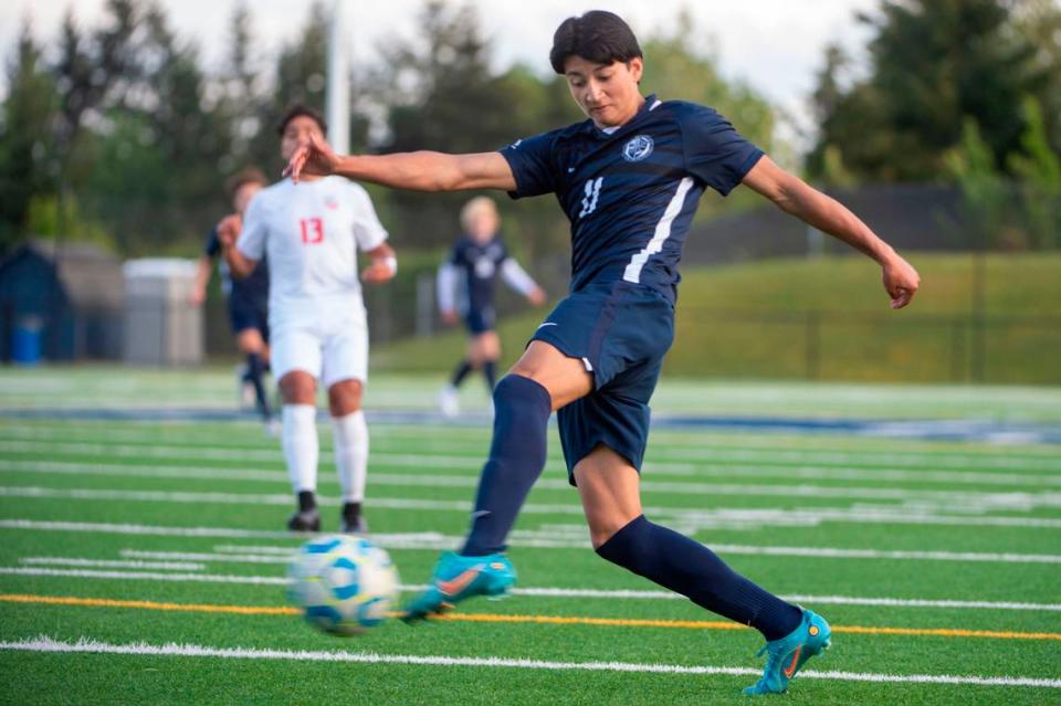 Bellarmine Prep’s Jaggar Judkins attempts a shot on goal during the first half of a 4A State tournament first-round game against Eastmont on Wednesday, May 18, 2022, at Bellarmine Prep High School in Tacoma, Wash.