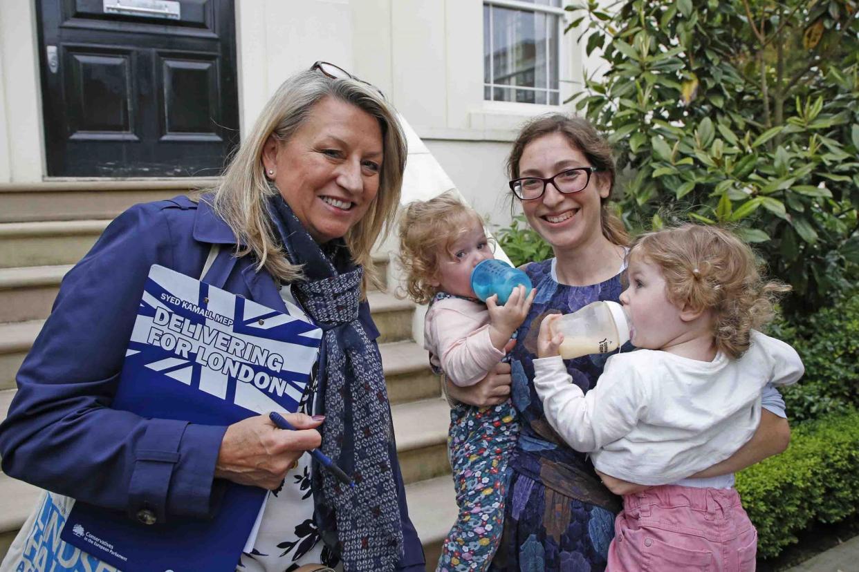 Challenger: Tory candidate Lindsey Hall with Gabrielle Joseph and her twins Hannah and Clara: NIGEL HOWARD